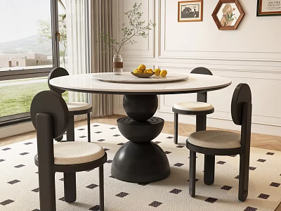 Modern Restaurant Dining Area Featuring Round White Tabletop Black Base Chairs Mountain View Window 3d model