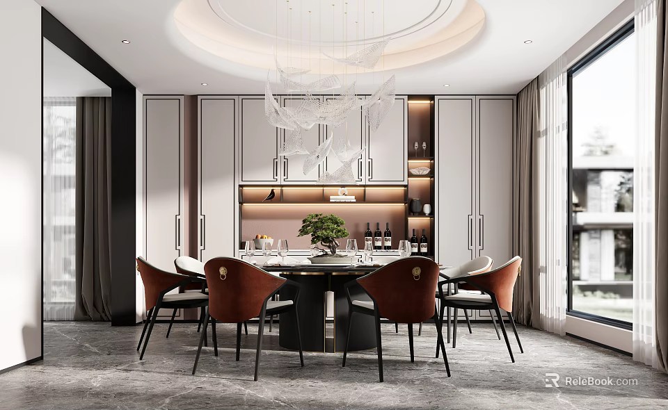 Elegant Modern Restaurant Interior With Round Dining Table Stylish Chairs Chandelier And Green Plant 3d model 