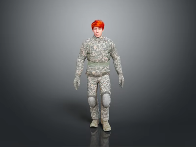 Game Movie Character Standing Pose With Red Hair In Camouflage Uniform And Knee Pads 3d model