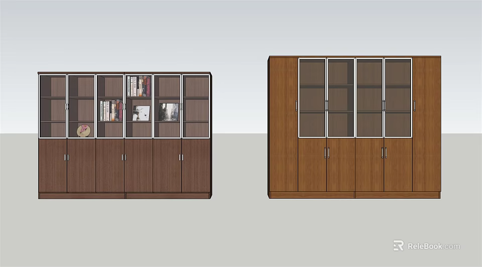Modern Wooden Bookcases Featuring Glass Doors And Shelves With Books And Decorative Items 3d model 