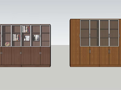Modern Wooden Bookcases Featuring Glass Doors And Shelves With Books And Decorative Items 3d model