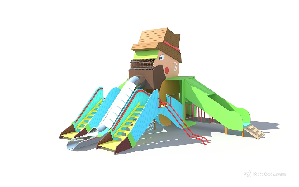 Cartoon Shaped Playground Equipment With Colorful Slides Roof Stairs And Safety Rails 3d model 