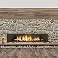 Modern Stone Wall Fireplace with Stacked Firewood Wooden Floor and Potted Plants