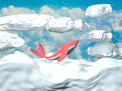 Red Aquatic Fish Swimming in Cloudy Blue Sky with White Waves and Fluffy Clouds 3d model
