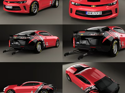 Red Chevrolet Camaro Sports Car With Racing Graphics And Tow Hooks Multiple Angles View 3d model