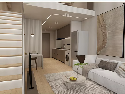 Modern Hotel Guest Room with Open Layout Staircase Sofa and Coffee Table 3d model