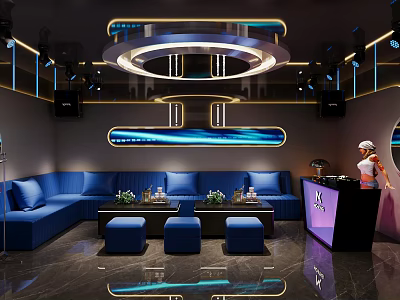 Modern KTV Room Interior With Blue Sofas Circular Chandelier Bar Counter And Decorative Lights 3d model