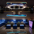 Modern KTV Room Interior With Blue Sofas Circular Chandelier Bar Counter And Decorative Lights