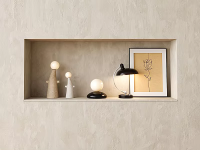 Minimalist Modern Wall Niche Decor With Black Table Lamp Statues And Artwork 3d model