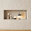Minimalist Modern Wall Niche Decor With Black Table Lamp Statues And Artwork