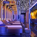 Modern SPA Sauna Interior With Comfortable Bed Decorative Plants TV And Ambient Lighting