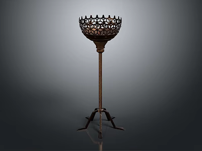 Vintage Metal Floor Candlestick With Intricate Hollow Top And Three Legged Base 3d model