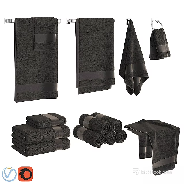 Soft Black Towels for Daily Laundry and Bathroom Use Folded and Hanging Styles 3d model 