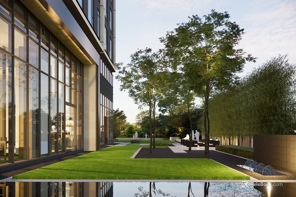 Modern Commercial Landscape With Glass Building Green Lawn Trees And Water Feature 3d model 