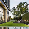 Modern Commercial Landscape With Glass Building Green Lawn Trees And Water Feature