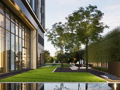 Modern Commercial Landscape With Glass Building Green Lawn Trees And Water Feature 3d model