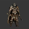 Muscular Man in Wolf Head Headdress and Leather Outfit with Bone Decorations Holding Spear