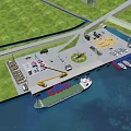 Aerial Planning of Waterfront Dock Area With Ships Vehicles Parking and Greenery Elements