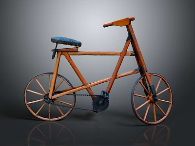 Vintage Wooden Bicycle With Black Seat Two Wheels And Chain Drive Design 3d model