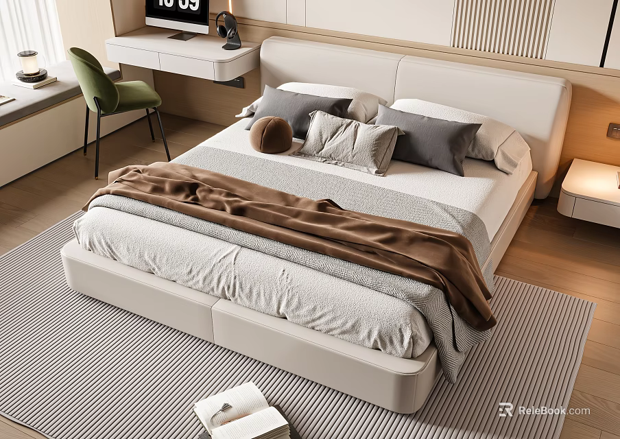 Modern Double Bed With White Headboard Soft Pillows And Brown Blanket In Bedroom 3d model 