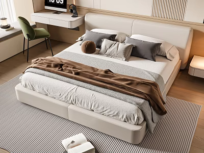 Modern Double Bed With White Headboard Soft Pillows And Brown Blanket In Bedroom 3d model