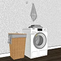White Washing Machine In Laundry Room With Wicker Basket Gray Towels And Wooden Floor