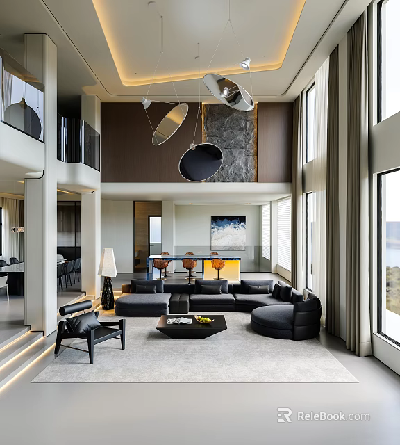 Modern Living Dining Room With Black Sofa Round Coffee Table Pendant Lights And Large Windows 3d model 