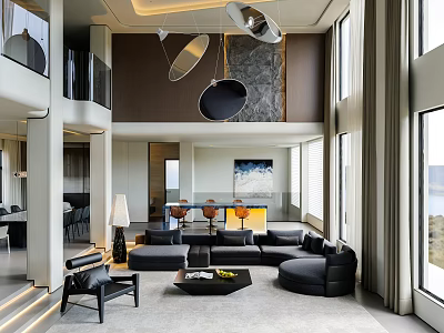 Modern Living Dining Room With Black Sofa Round Coffee Table Pendant Lights And Large Windows 3d model