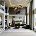 Modern Living Dining Room With Black Sofa Round Coffee Table Pendant Lights And Large Windows