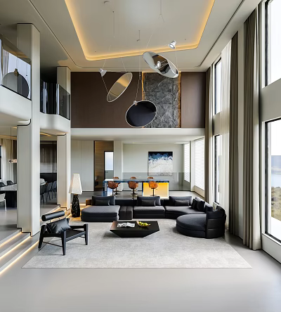 Modern Living Dining Room With Black Sofa Round Coffee Table Pendant Lights And Large Windows 3d model