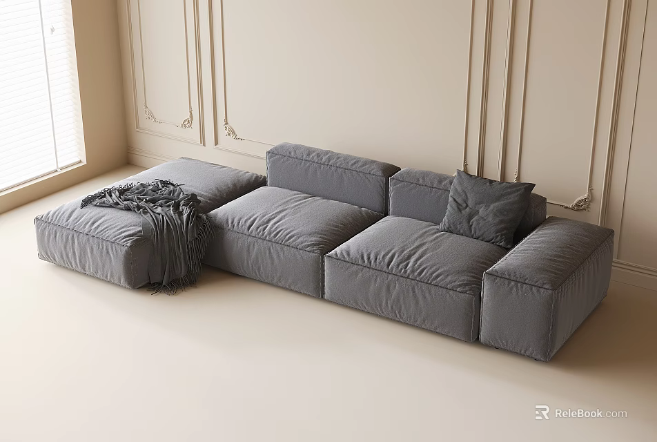 Gray Large Sectional Sofa with Blanket and Cushion in Bright Living Room with Decorative Moldings 3d model 