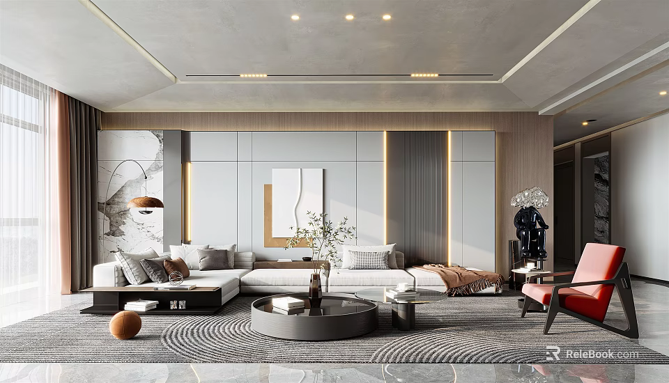 Elegant Modern Living Room Interior Design With Sofa Coffee Table And Decorative Lighting 3d model 