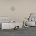 Modern Lounge Chair with Round Wooden Arms Beige Cushion on Grey Rug and Gold Decor