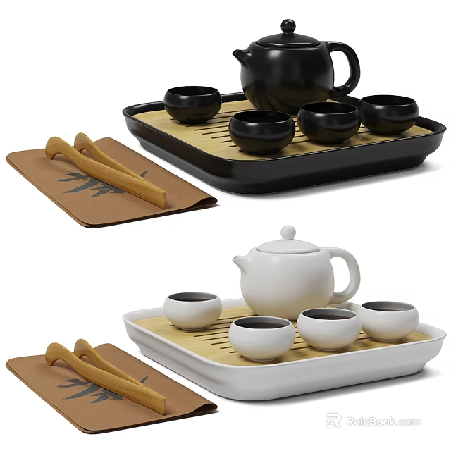 Black And White Teaware Set With Teapot Teacups Tray Bamboo Mat And Chopsticks 3d model 