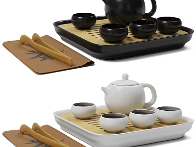 Black And White Teaware Set With Teapot Teacups Tray Bamboo Mat And Chopsticks 3d model