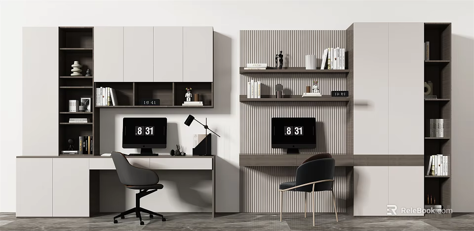 Modern Home Office Desk Setup With Ergonomic Chair Bookshelf And Monitor 3d model 