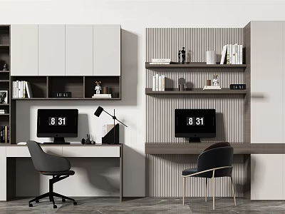 Modern Home Office Desk Setup With Ergonomic Chair Bookshelf And Monitor 3d model