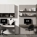 Modern Home Office Desk Setup With Ergonomic Chair Bookshelf And Monitor