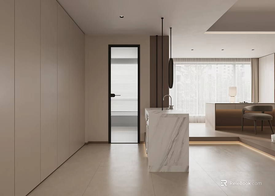 Modern Bedroom Interior With Minimalist Design Comfortable Bed And Soft Lighting 3d model