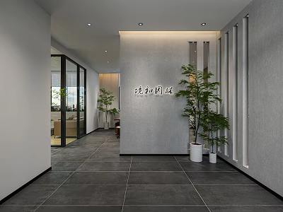 Modern Reception Area Interior Design With Recessed Lighting Potted Plants And Tile Flooring 3d model