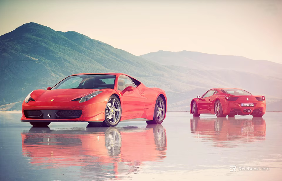 Two Red Ferrari Sports Cars Parked On Reflective Water Surface With Mountain Background 3d model 