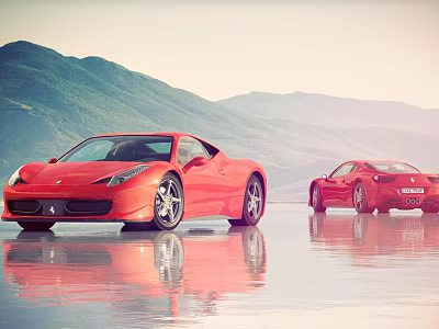 Two Red Ferrari Sports Cars Parked On Reflective Water Surface With Mountain Background 3d model