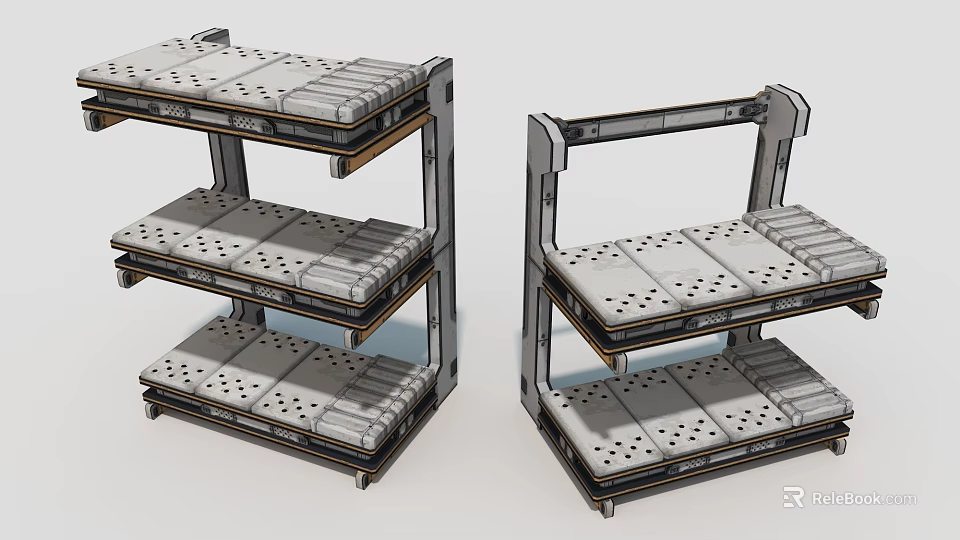 Sturdy Metal Frame Display Shelves With Multiple Perforated Tiers For Retail Storage 3d model