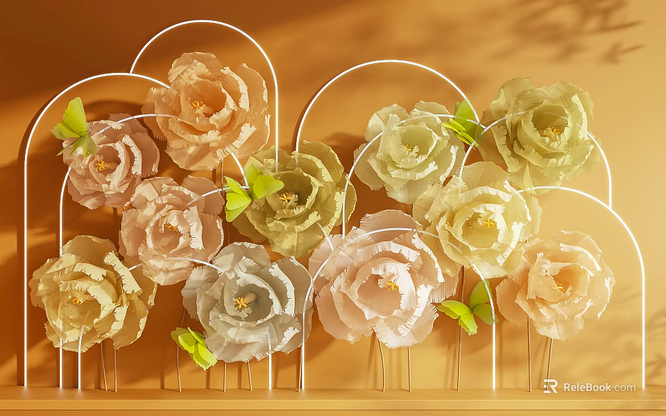 Elegant Floral Art Installation With Pastel Paper Flowers Green Leaves And Metal Frames 3d model 