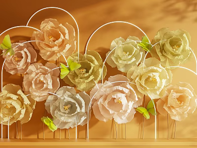 Elegant Floral Art Installation With Pastel Paper Flowers Green Leaves And Metal Frames 3d model