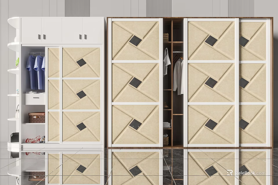 Modern Wardrobe Interior With Linen Panel Doors White Frame And Hanging Storage Shelves 3d model 