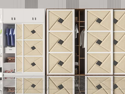 Modern Wardrobe Interior With Linen Panel Doors White Frame And Hanging Storage Shelves 3d model
