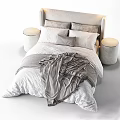 Modern Minimalist Double Bed with Light Headboard White Quilt and Round Nightstands