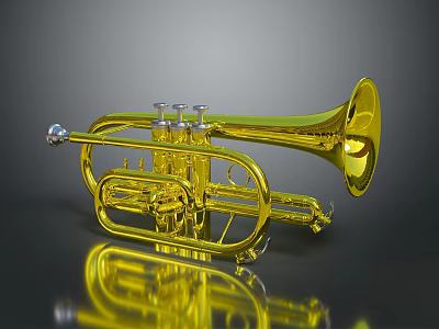 Shiny Golden Trumpet with Reflective Surface Displayed on Gray Background 3d model