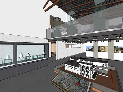 Cultural Center Interior Featuring Display Cases Artifacts And Architectural Model 3d model